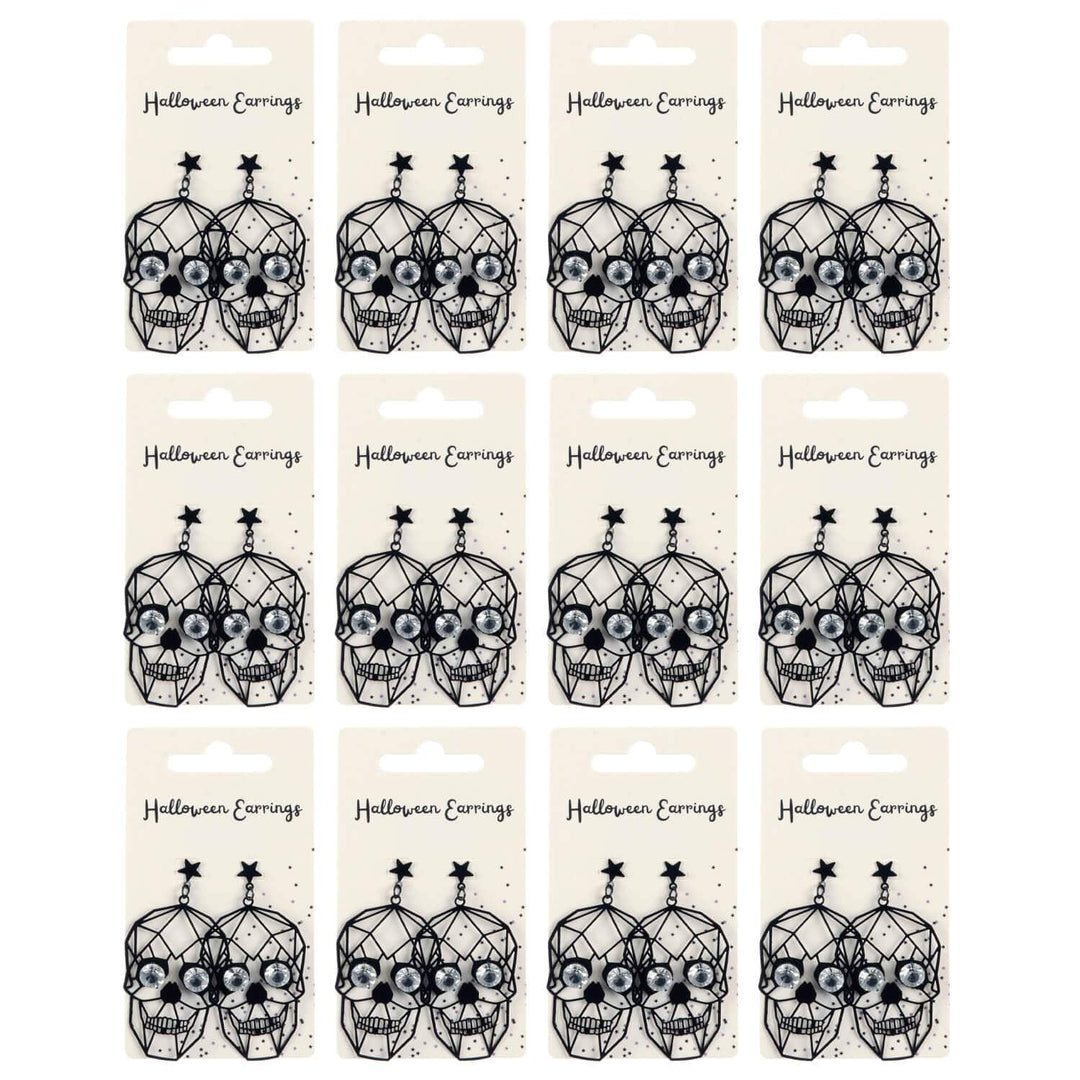 Packaging of Halloween earrings with skull designs on a white background