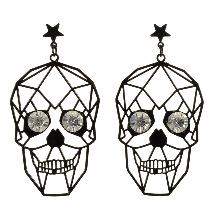 Geometric black skull earrings with rhinestone eyes on a white background