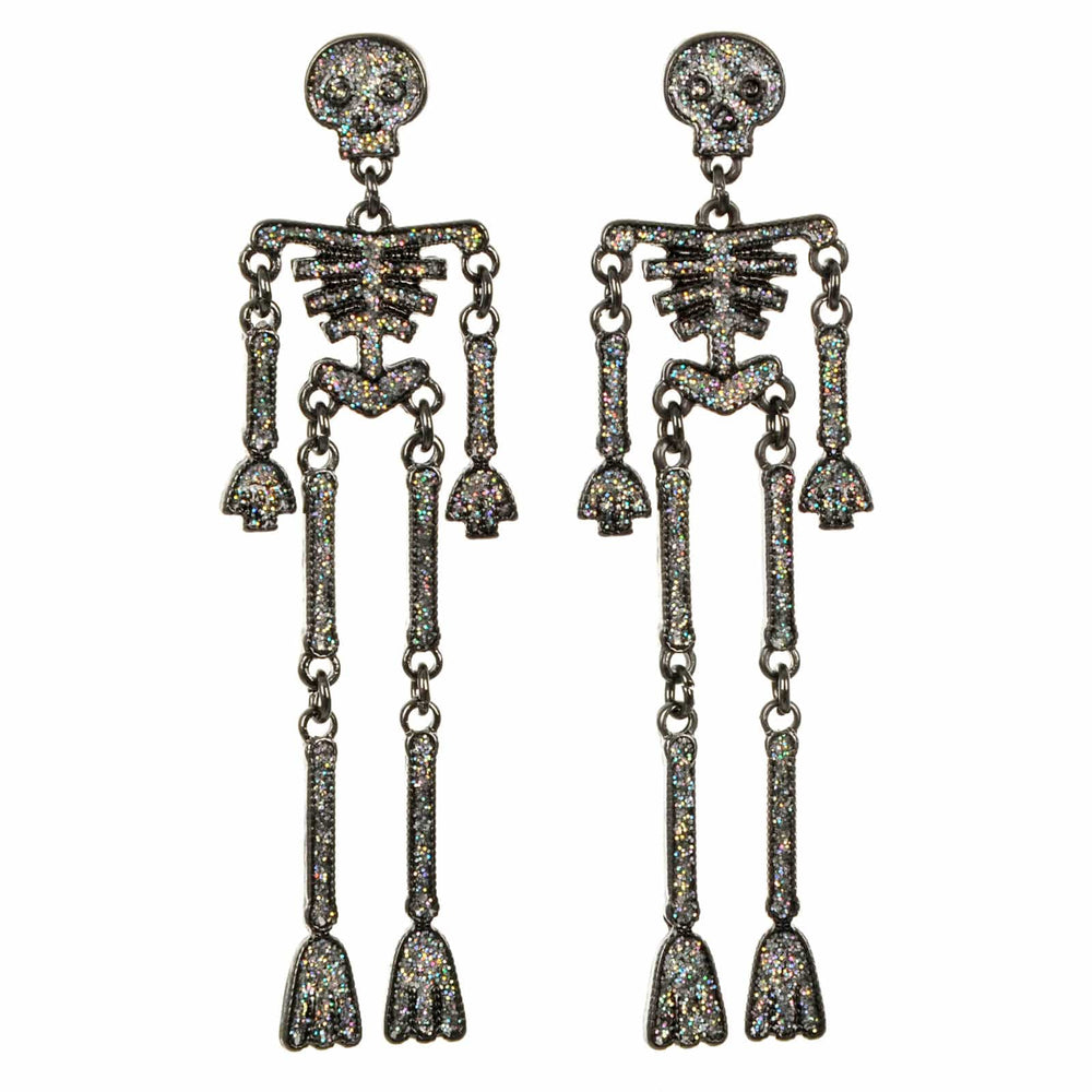 Skeleton-themed earrings with dangling elements on a white background