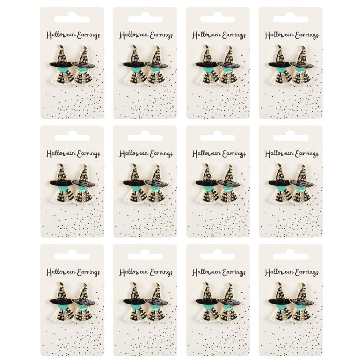 12 display cards with green and black witch earrings on a white background