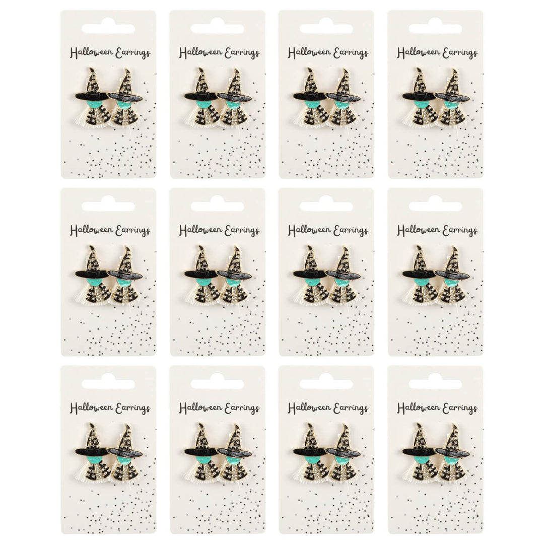 12 display cards with green and black witch earrings on a white background