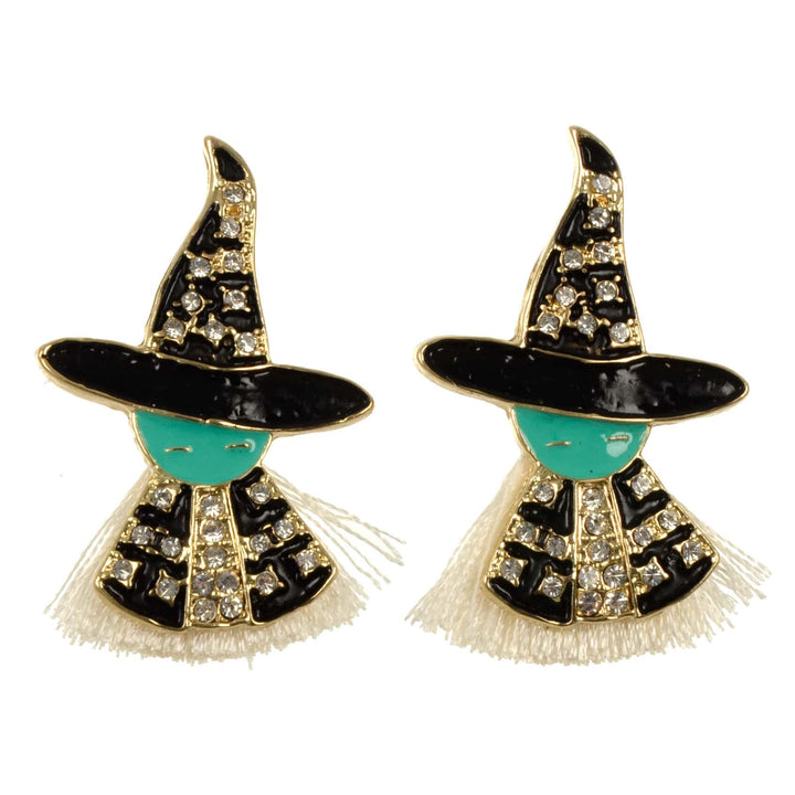 Witch-themed earrings with black hats, turquoise faces, and gold accents on a white background.