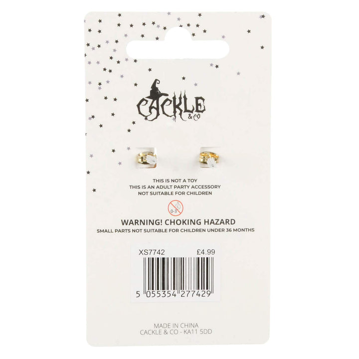 Back of a Cackle &amp; Co Halloween earrings display card on a white background