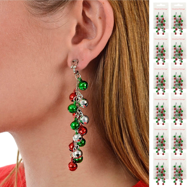 Person wearing a red green and silver jingle bells Christmas earring with 12 cards of earring down one side
