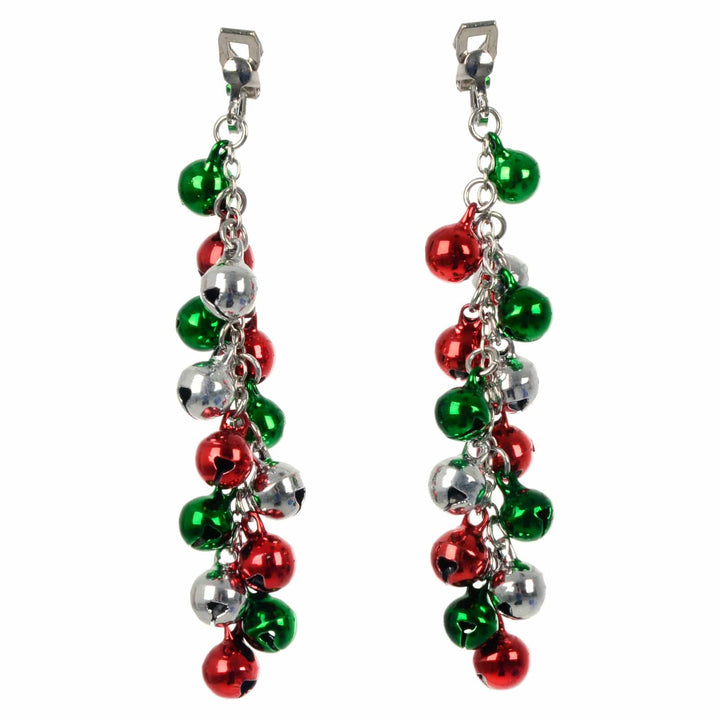 Pair of Christmas clip on earrings with red green and silver jingle bell baubles