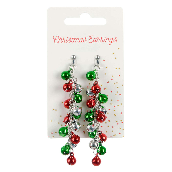 Pair of red green and silver Christmas bauble jingle bells earrings on a display card