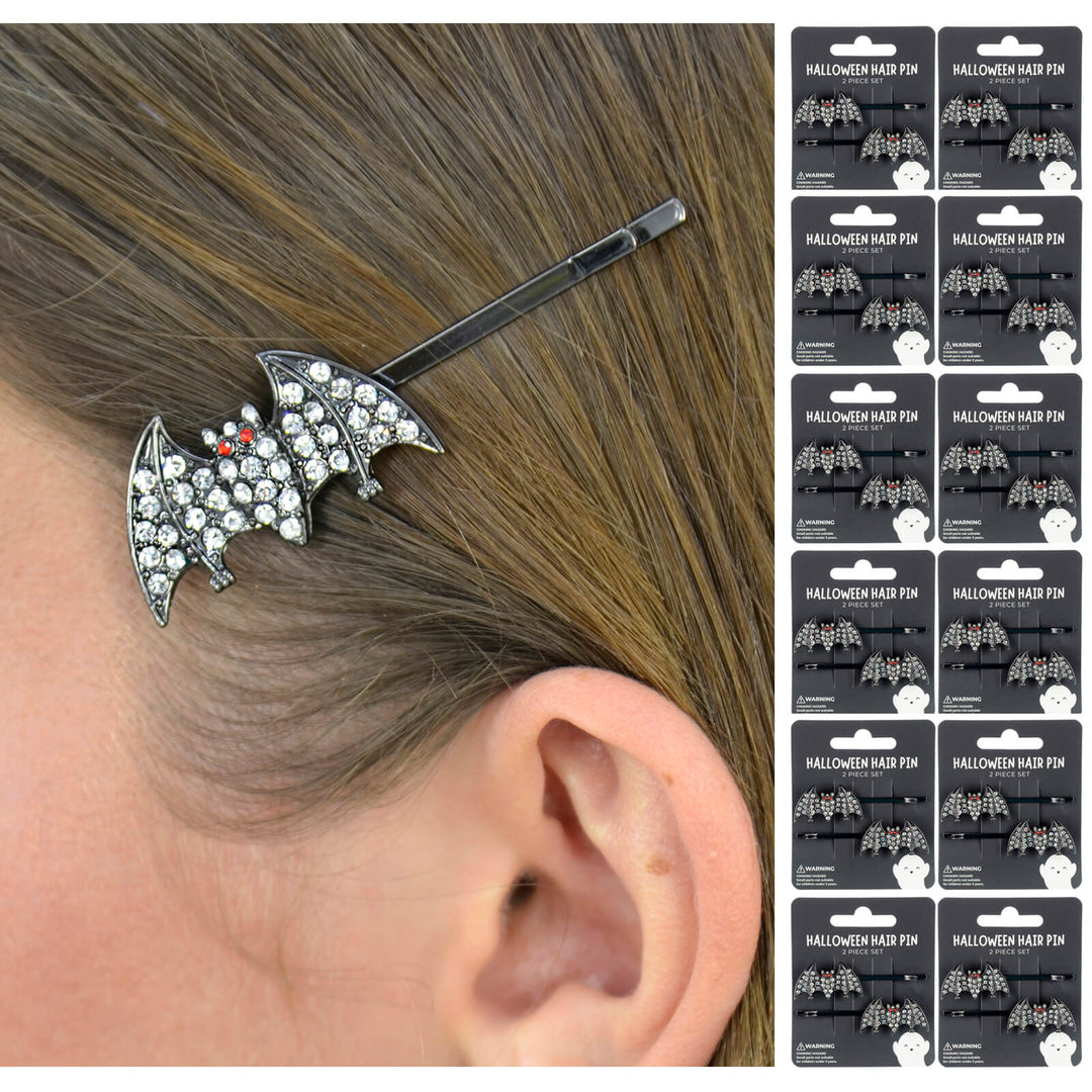 Halloween-themed hair pin with bat design worn by a person, next to packaging of multiple hair pins.