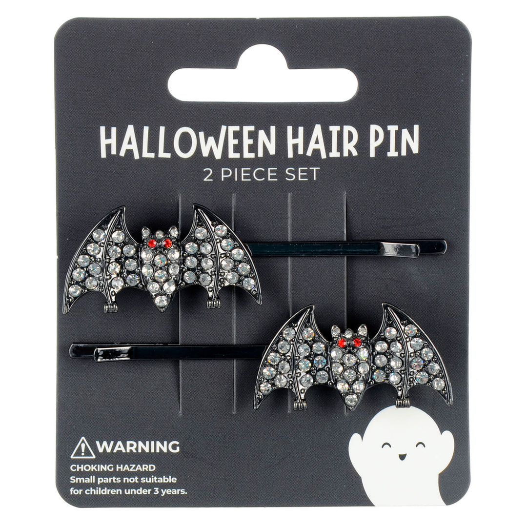Halloween hair pin set with bat designs on a black card packaging.