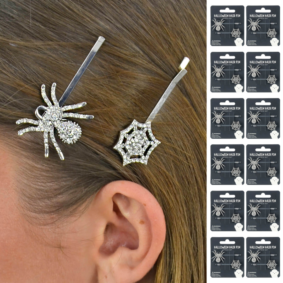 Person wearing silver spider and web design hair clips with 12 cards of hair slides down one side