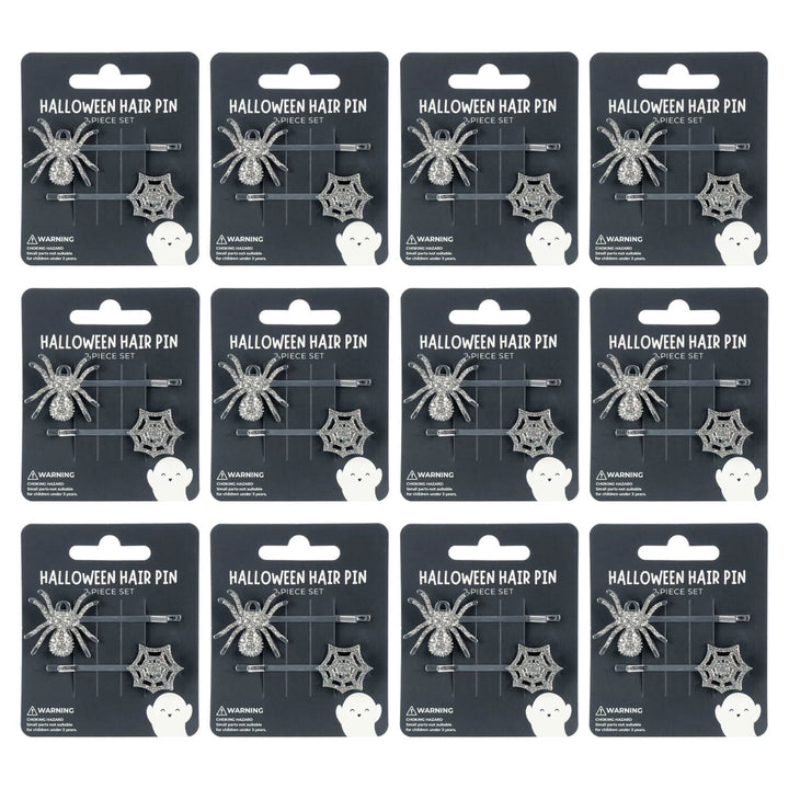 12 display cards of Halloween hair pins with silver diamante spider and web design on a white background
