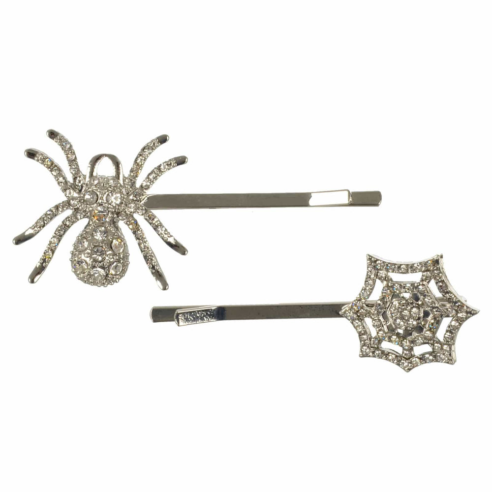 Silver spider and spiders web design hair clips with sparkling diamante crystals on a white background
