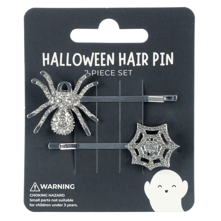 Display card of Halloween Hair Pin 2 piece set with silver spider and web diamante slides on a white background