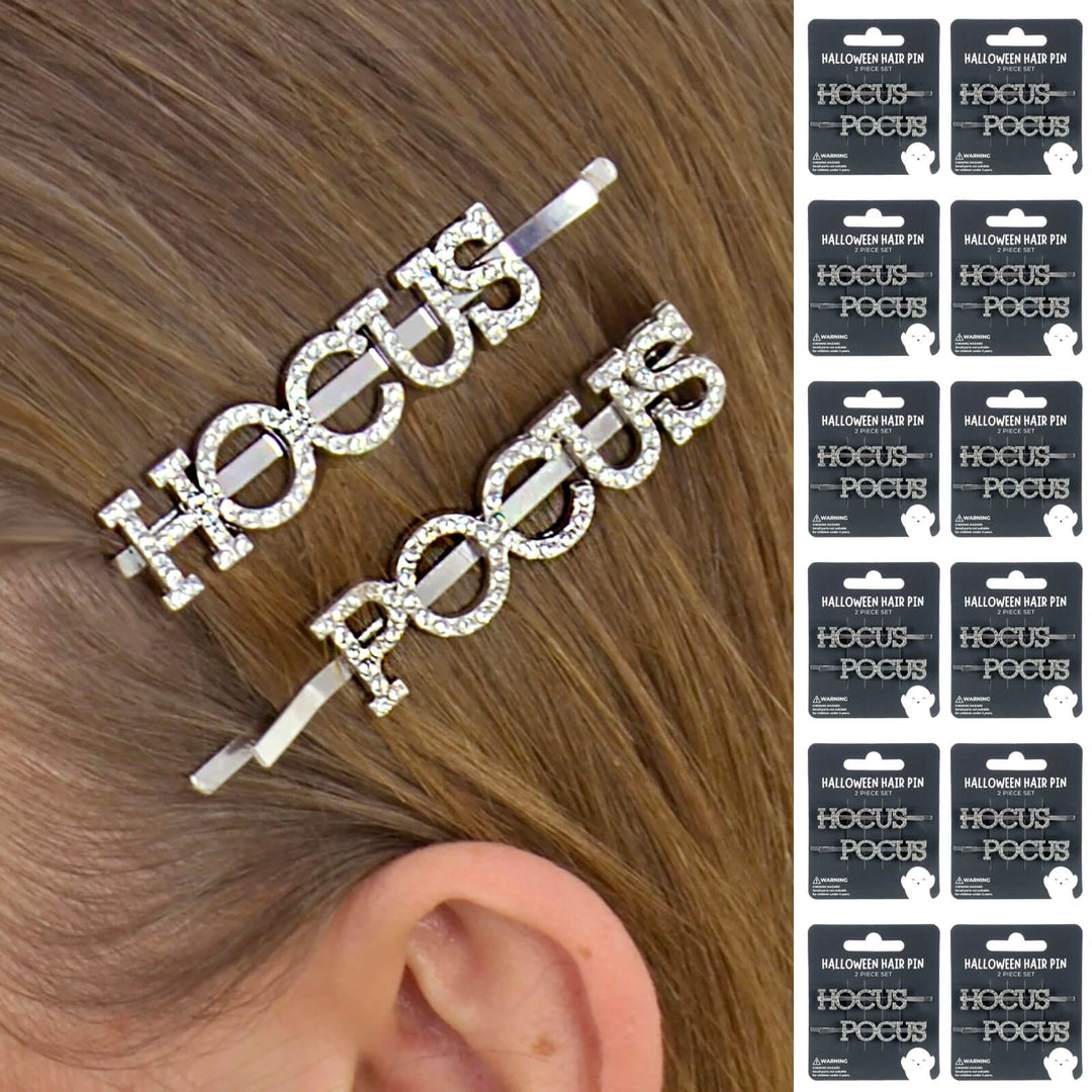 Silver 'HOCUS POCUS' hair pins on a person's hair with packaging in the corner.