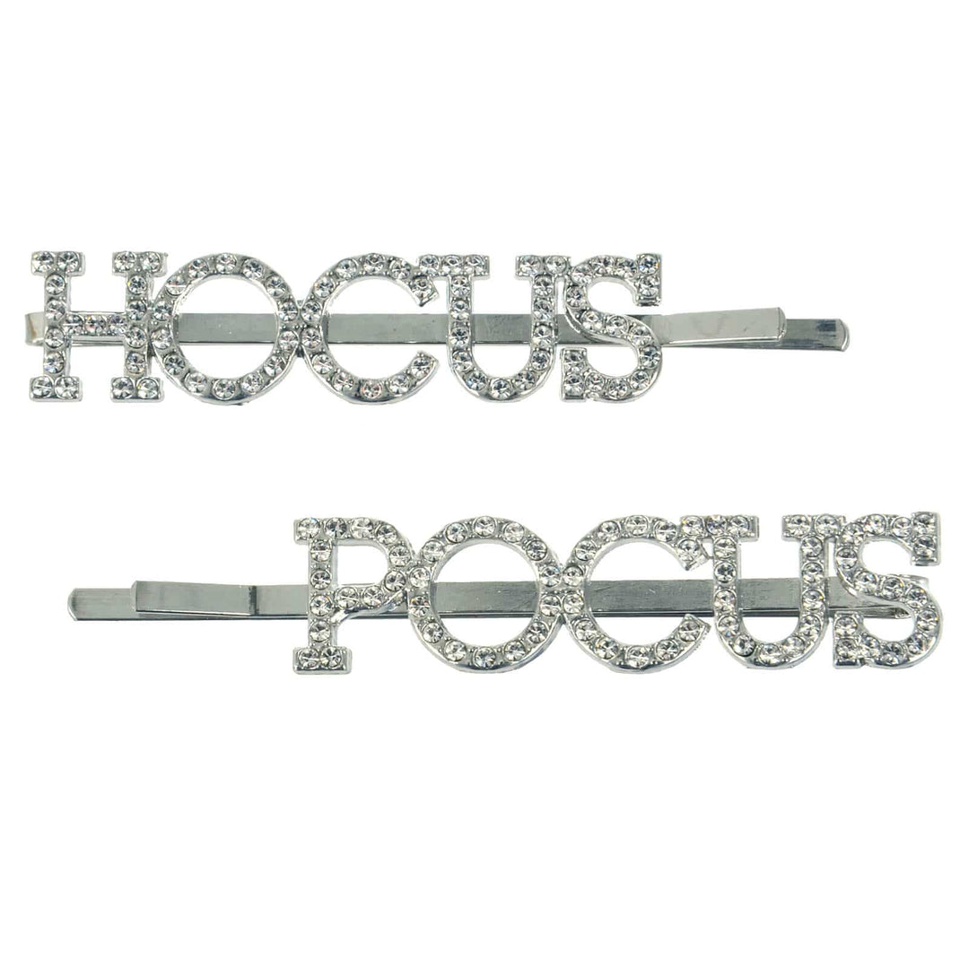 Two silver hair pins with 'HOCUS' and 'POCUS' text on a white background