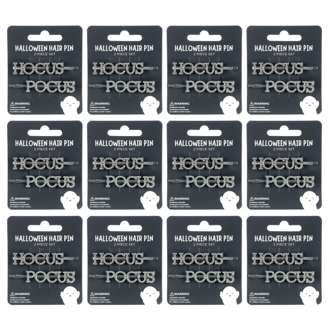 Packaging of 'Hocus Pocus' Halloween hair pins with black background and white text.