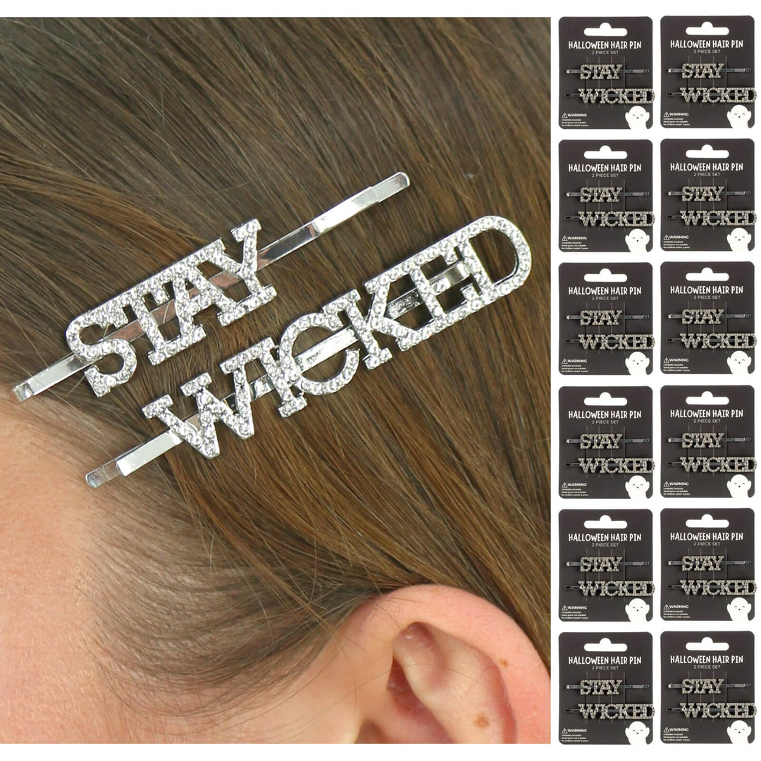 Silver 'Stay Wicked' hair pin on a person's hair with multiple packaging images of the product.