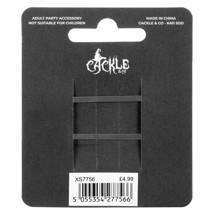 Back of a black display card fr Cackle &amp; Co branded party accessory