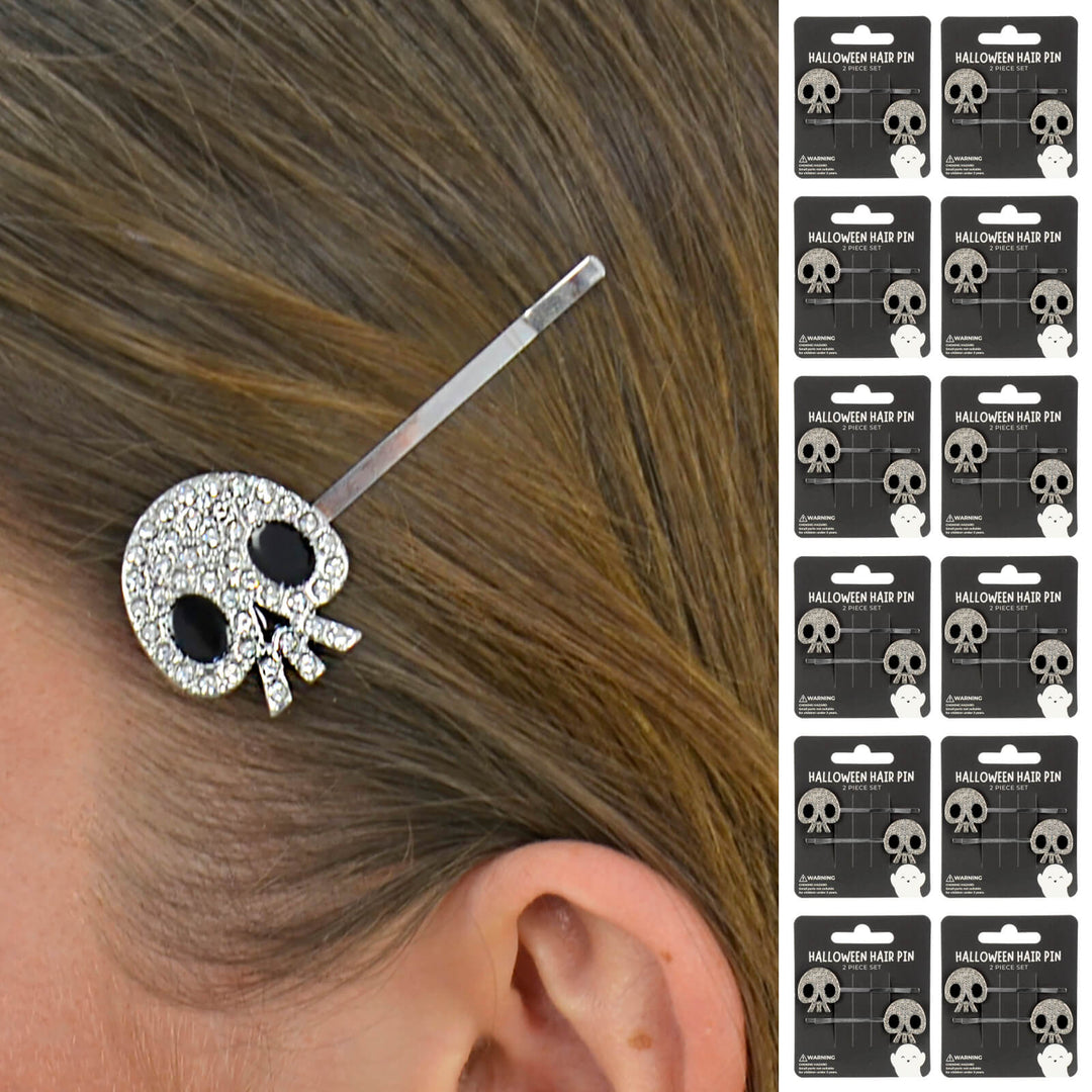 Person wearing a skull diamante hair slide with 12 display packs down the side