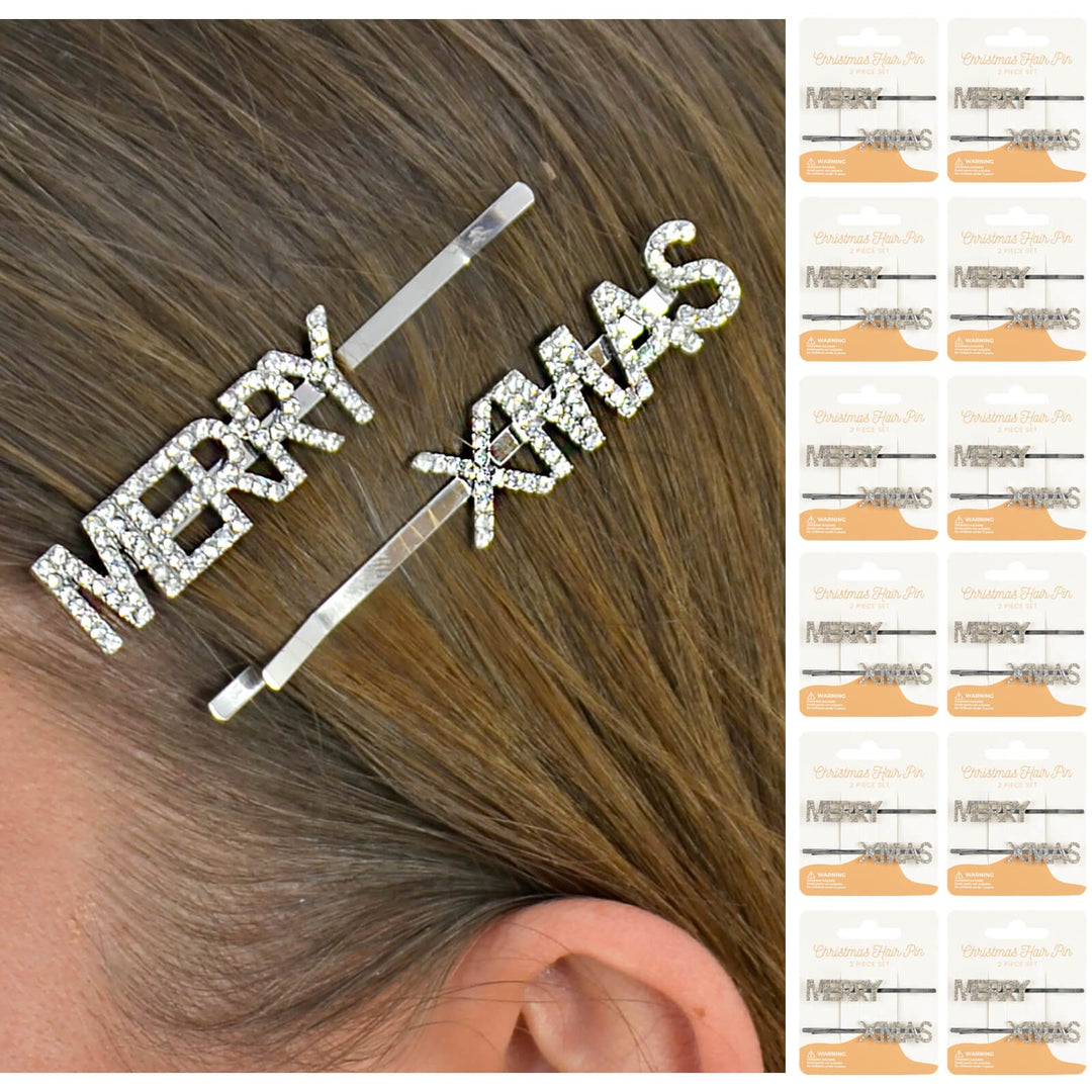 Hair clip with 'MERRY XMAS' text worn in hair, with display cards down one side