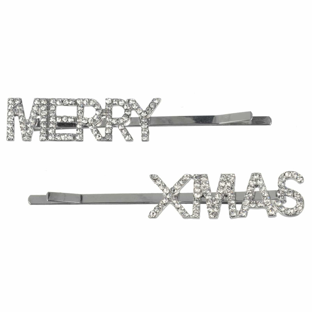Merry Xmas diamante hair slides in silver on a white background