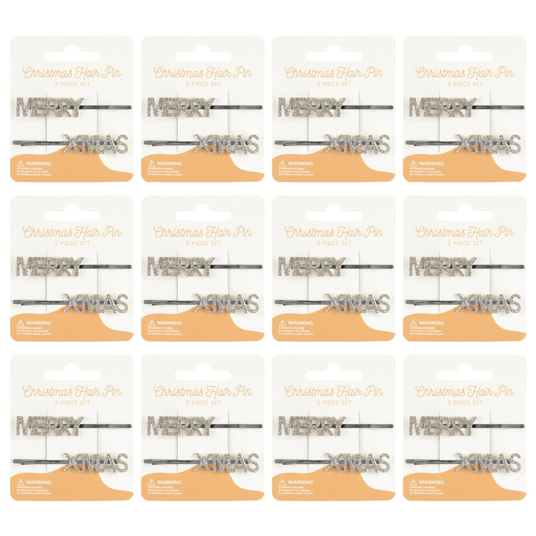 12 display cards of Christmas hair pins with Merry Xmas slogan