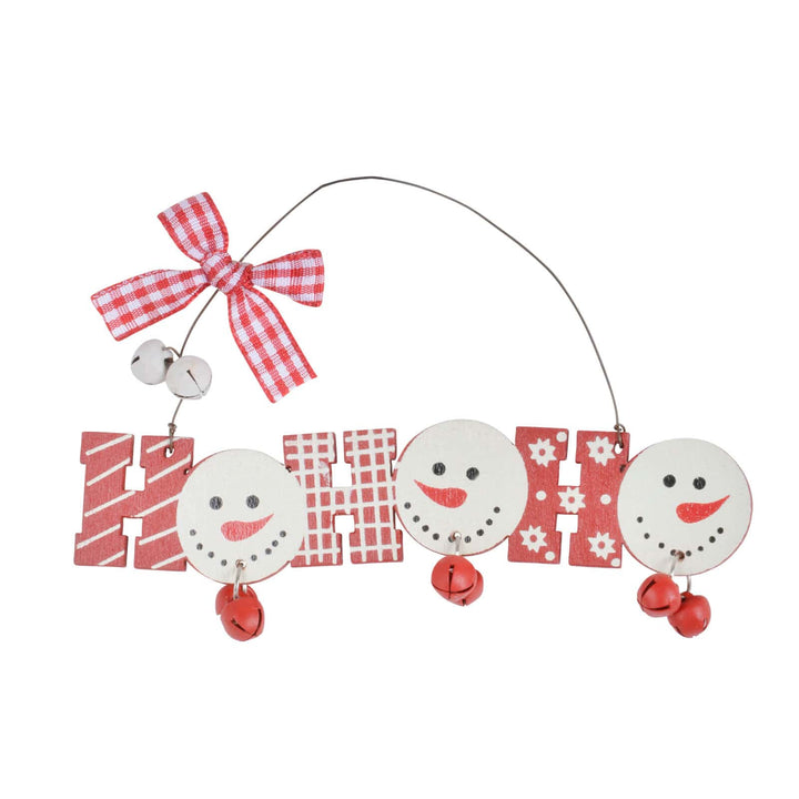 Christmas snowman tree decoration in red and white with wire hanging loop on a white background