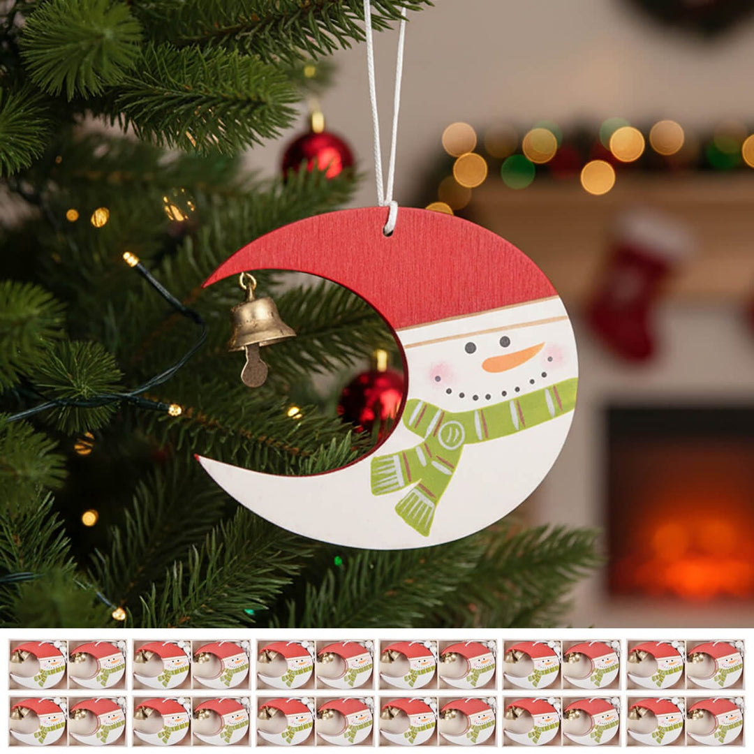 Snowman in the moon shaped Christmas tree decoration with jingle bell