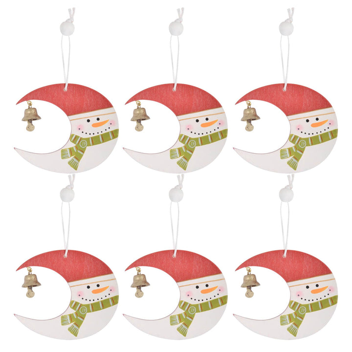 set of 6 snowman moon shaped Christmas tree ornaments in red and white with jingle bell and beaded hanging loop