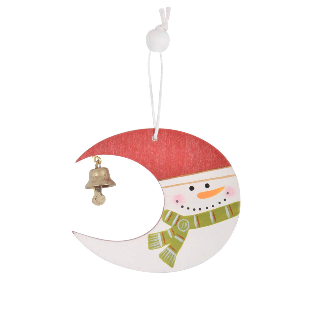 Snowman crescent shaped moon with gold jingle bell Christmas tree decoration with beaded hanging loop on a white background