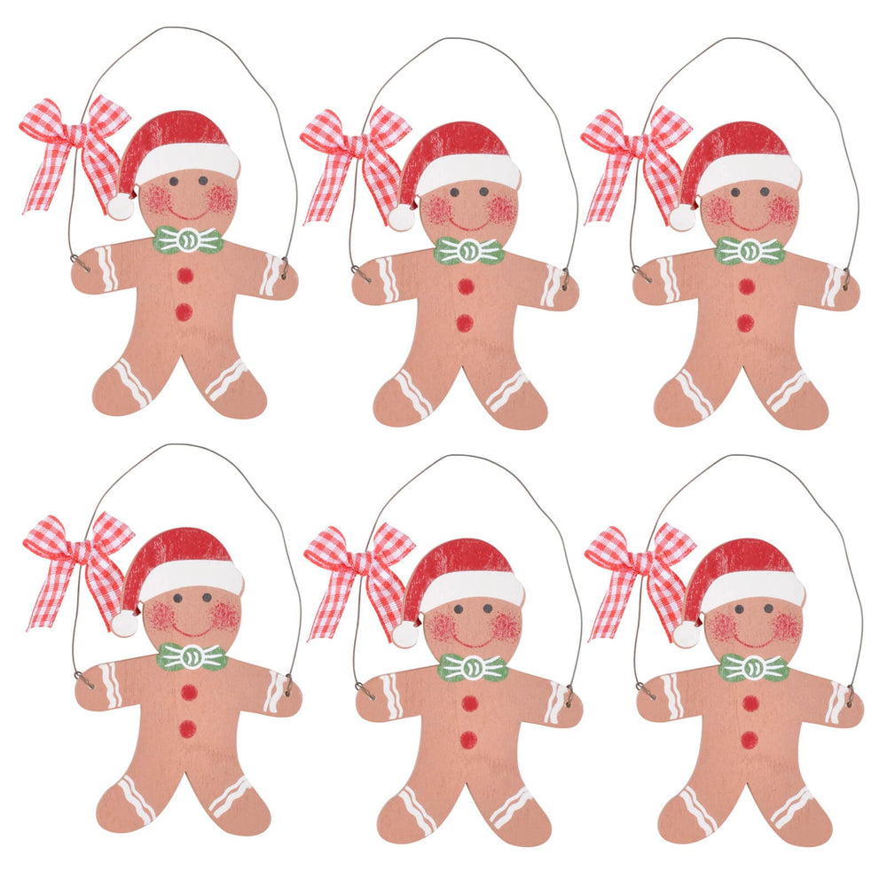 Set of 6 gingerbread men Christmas tree decorations with red gingham bows on a white background