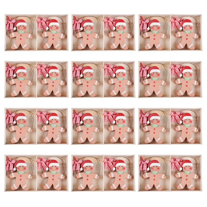 12 boxes of Christmas gingerbread men tree ornaments on a white background
