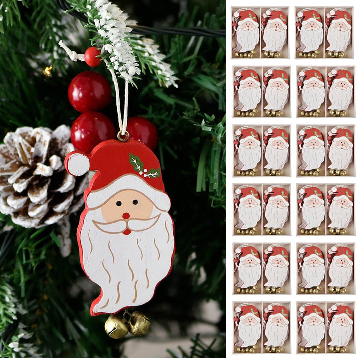 Christmas ornament of a Santa Claus with a tree and pine cone in the background