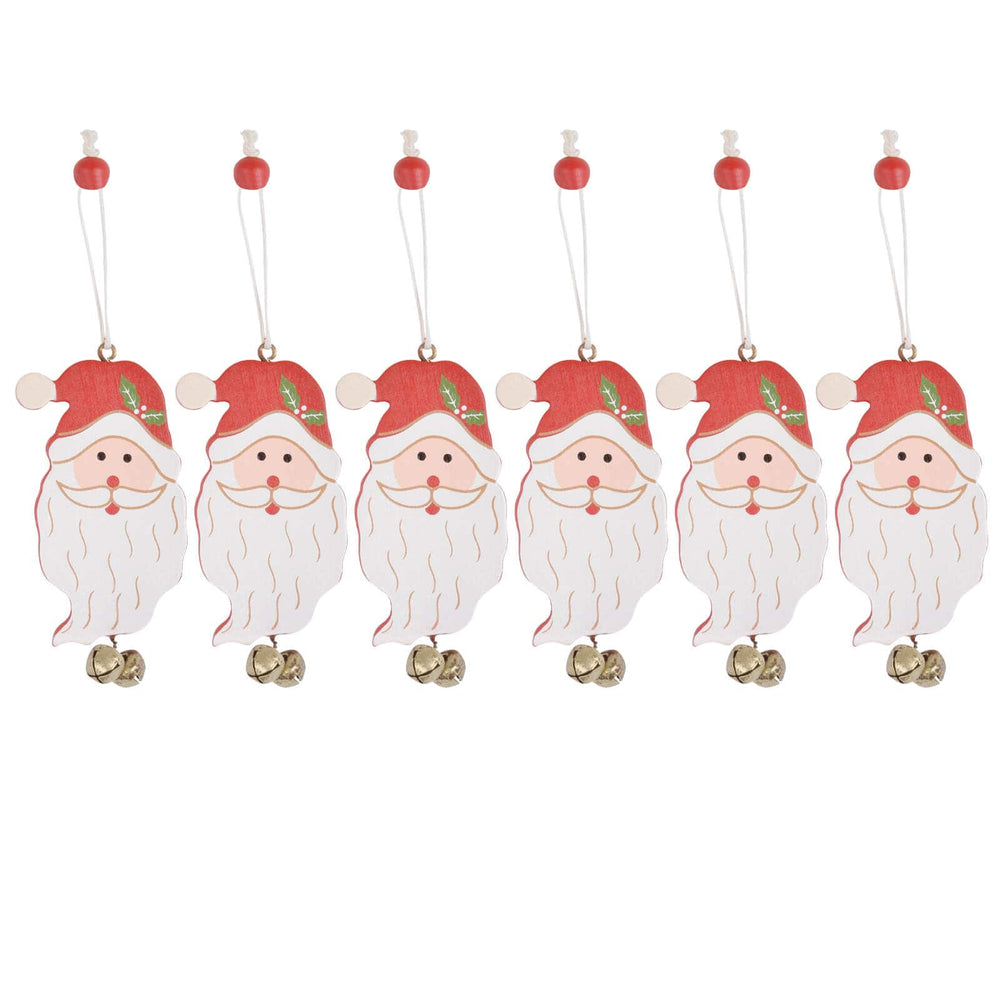 Set of six Santa Claus Christmas ornaments with jingle bells on a white background