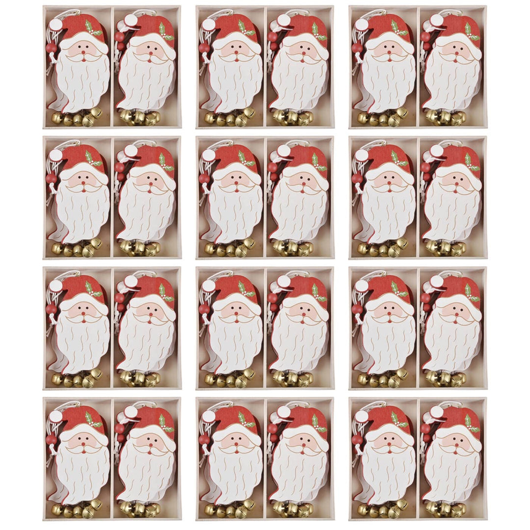 Packaging of Santa Claus ornaments with red hats and gold bells.
