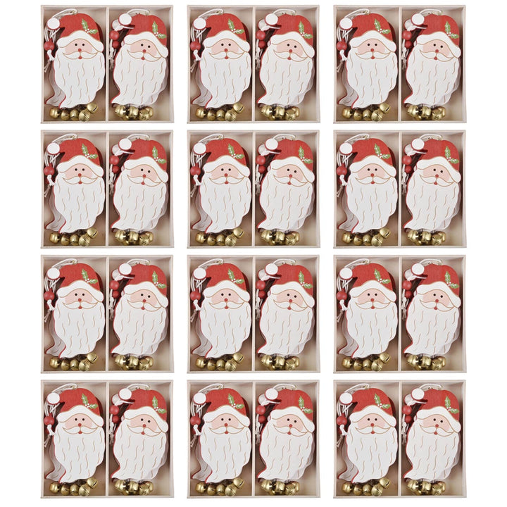 Packaging of Santa Claus ornaments with red hats and gold bells.
