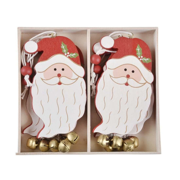 Box of Santa Head Christmas decorations with gold jingle bells