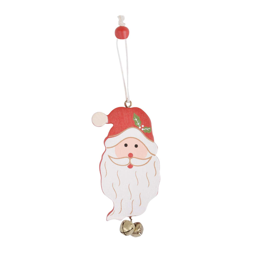 Christmas tree decoration shaped as a Santa face with golden jingle bells and hanging loop.