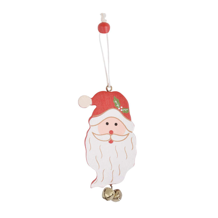 Christmas tree decoration shaped as a Santa face with golden jingle bells and hanging loop.