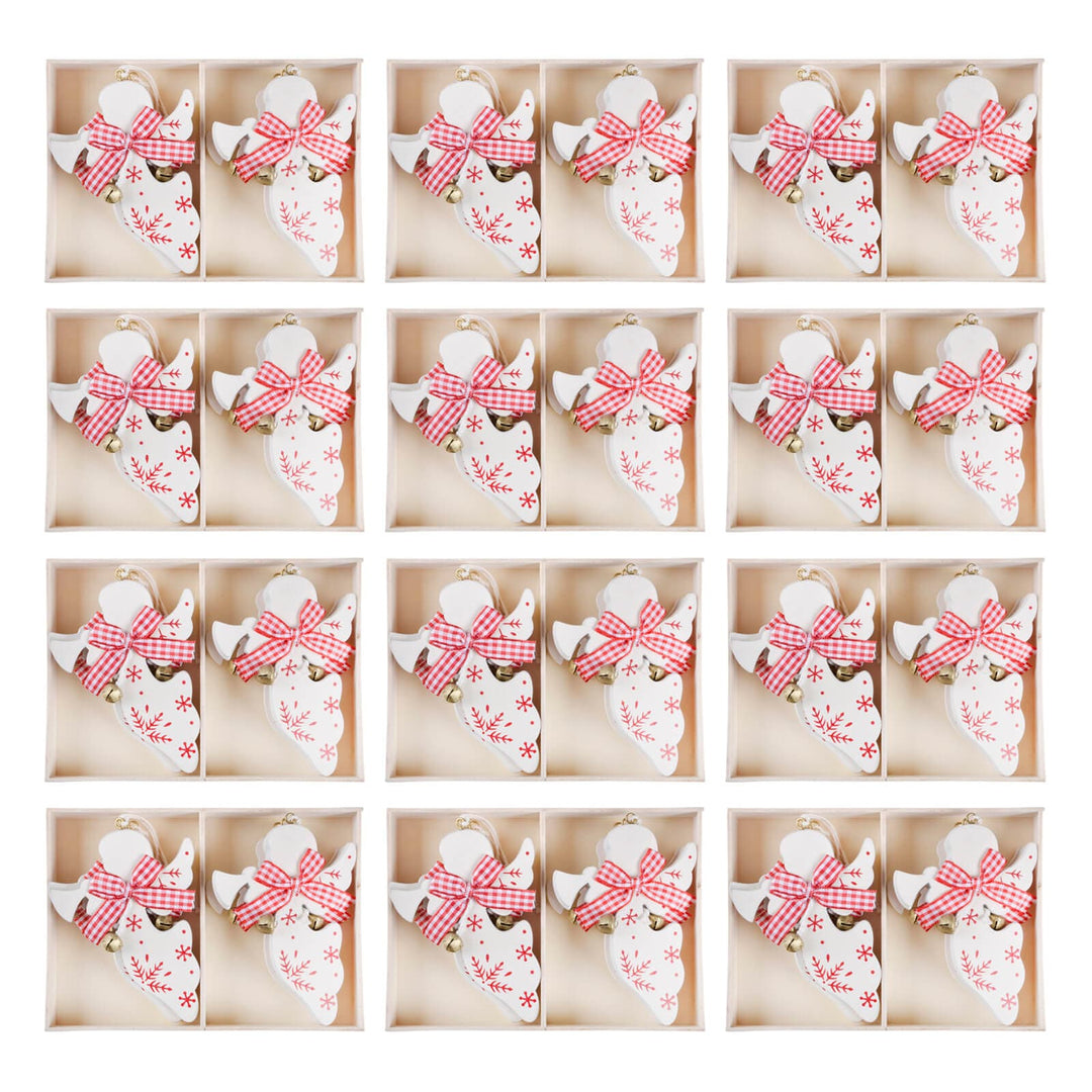 Set of Christmas-themed decorative items with red bows in a grid on a white background