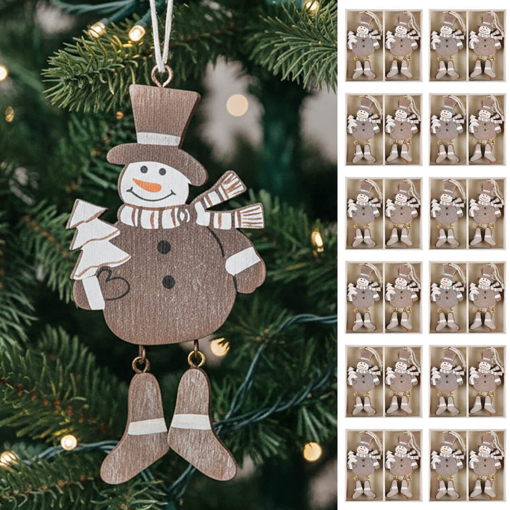 Wooden snowman ornament hanging on a Christmas tree with a close-up inset showing multiple identical ornaments.