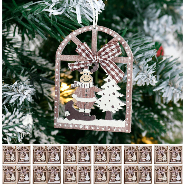 Decorative Christmas ornament with a reindeer and tree on a snowy tree background