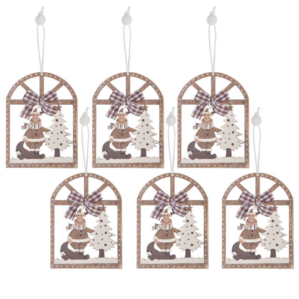 Set of six Christmas tree wooden decorations with reindeer and arch window shape on a white background