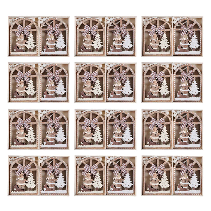 set of 12 wooden boxes of Christmas tree decorations with reindeer and gingham bow