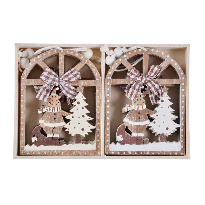 Wooden box of 6 Christmas tree decorations with brown and white reindeer and gingham bow finish