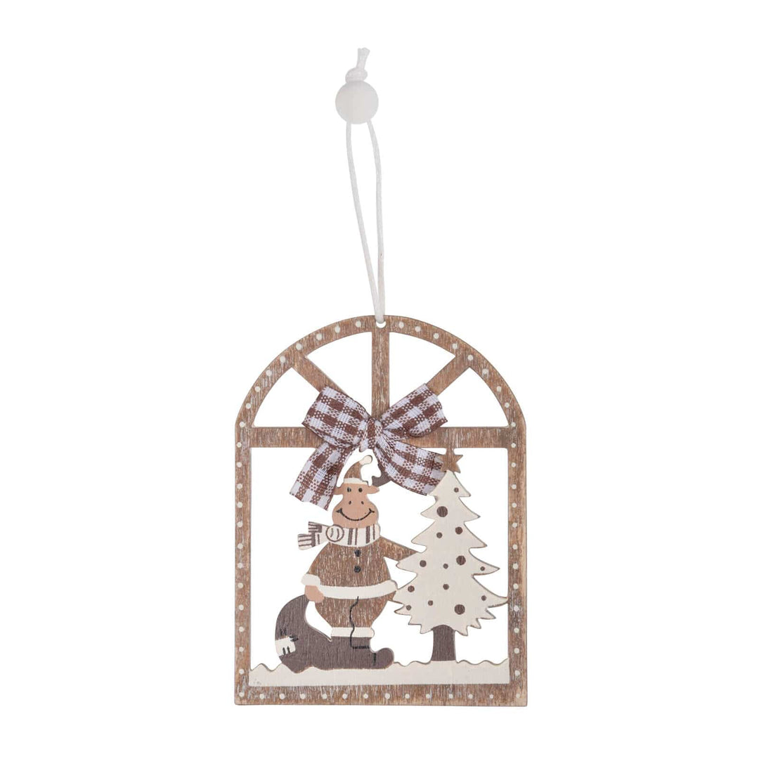Wooden arch window shape Christmas tree decoration with reindeer and brown and white gingham bow and white beaded hanging loop