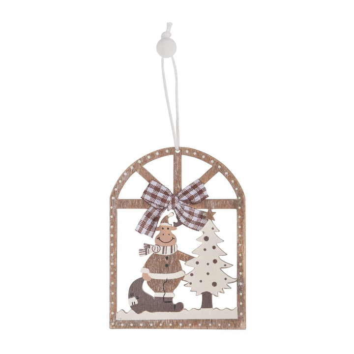 Wooden arch window shape Christmas tree decoration with reindeer and brown and white gingham bow and white beaded hanging loop