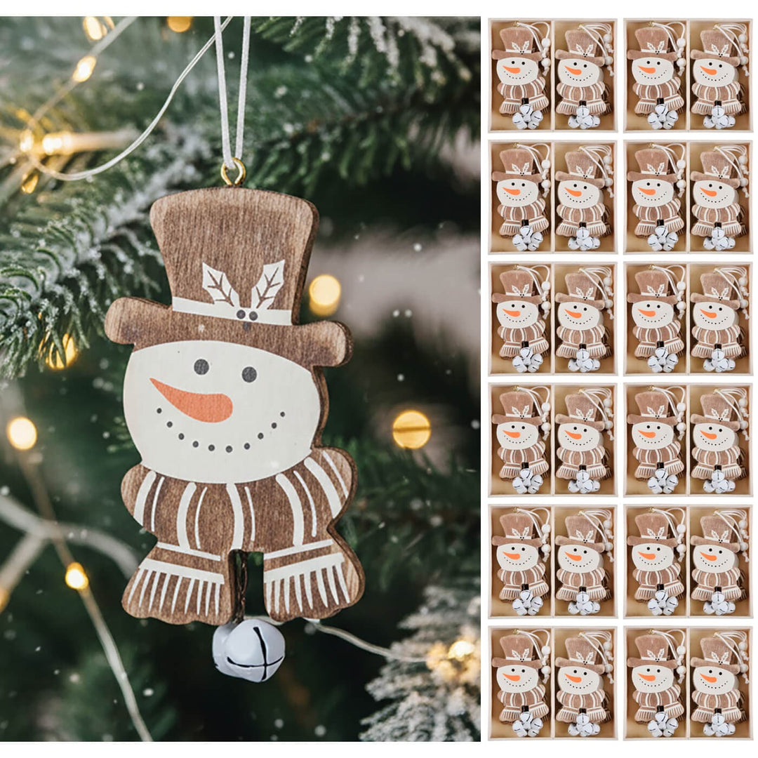 Wooden snowman ornament with top hat and scarf on a Christmas tree, surrounded by miniature snowmen in a box.