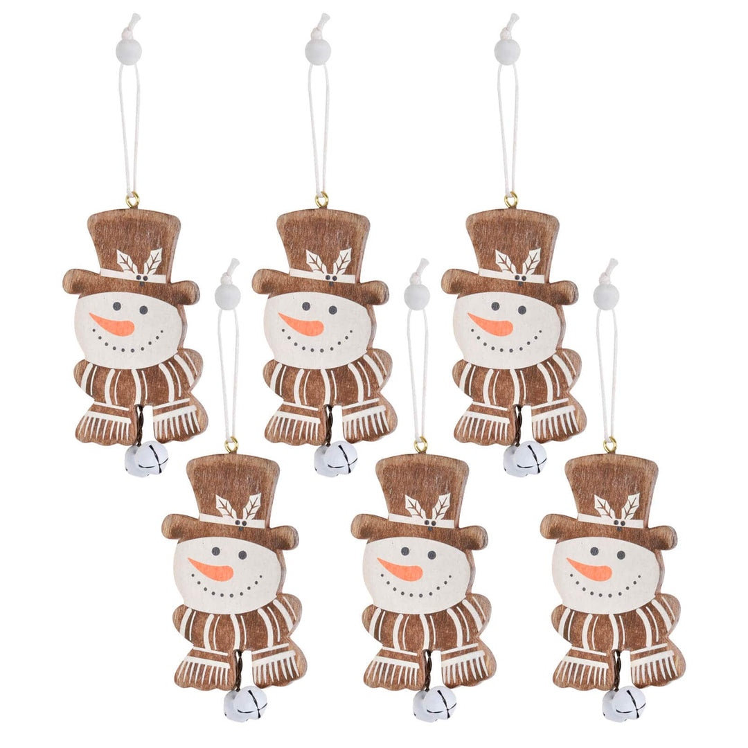 Set of six snowman ornaments with top hats and jingle bells on a white background