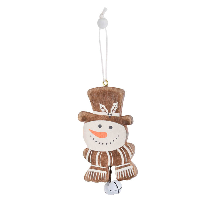 Brown and white snowman Christmas tree decoration with jingle bells and white beaded hanging loop