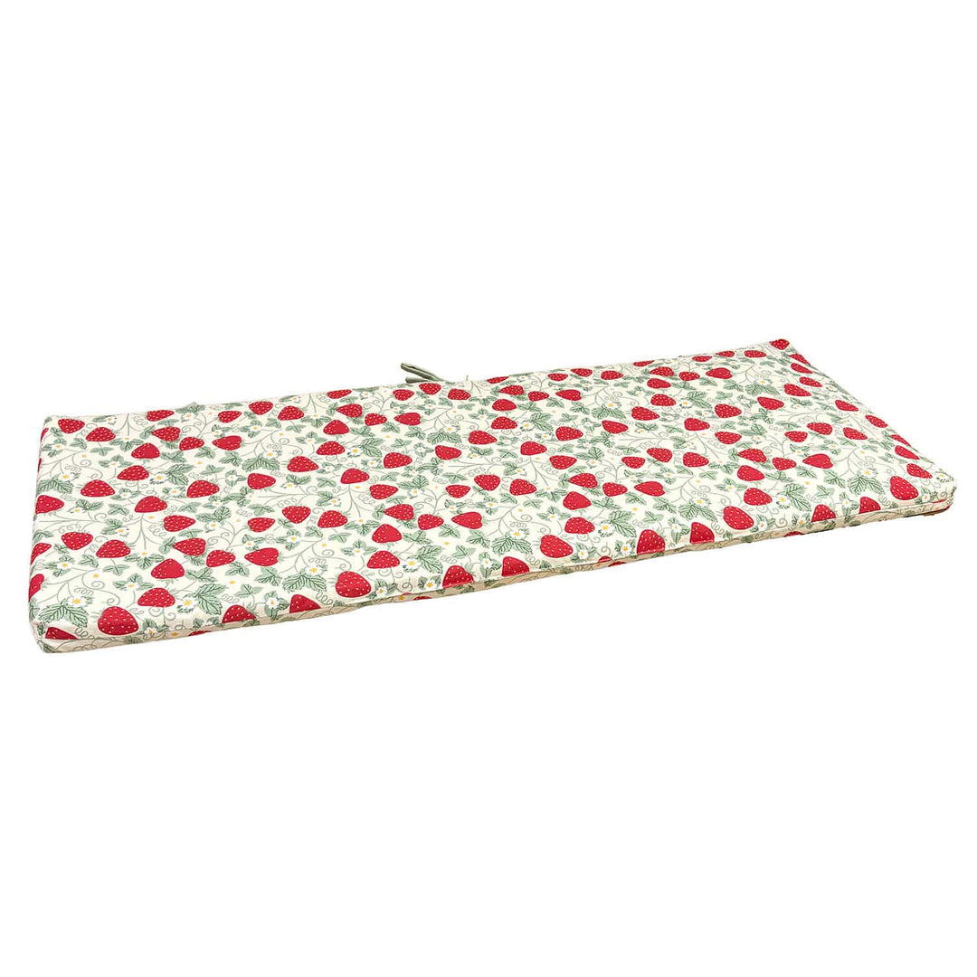 Rectangular garden bench cushion with strawberry pattern on a white background